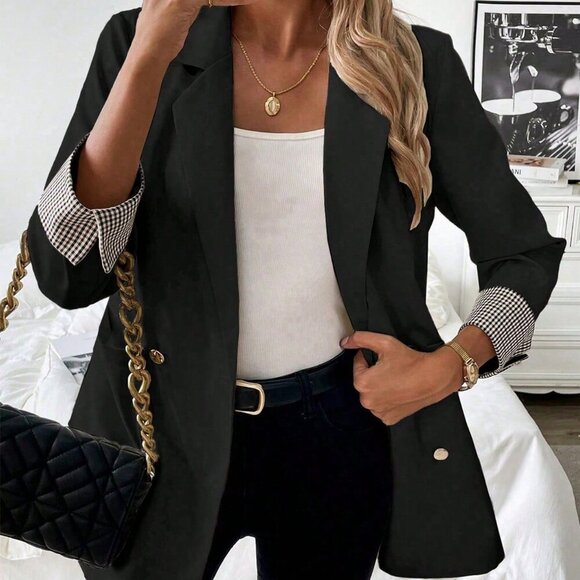 Elegant Black Women's Plaid Sleeve Trim Blazer - Picture 3 of 4